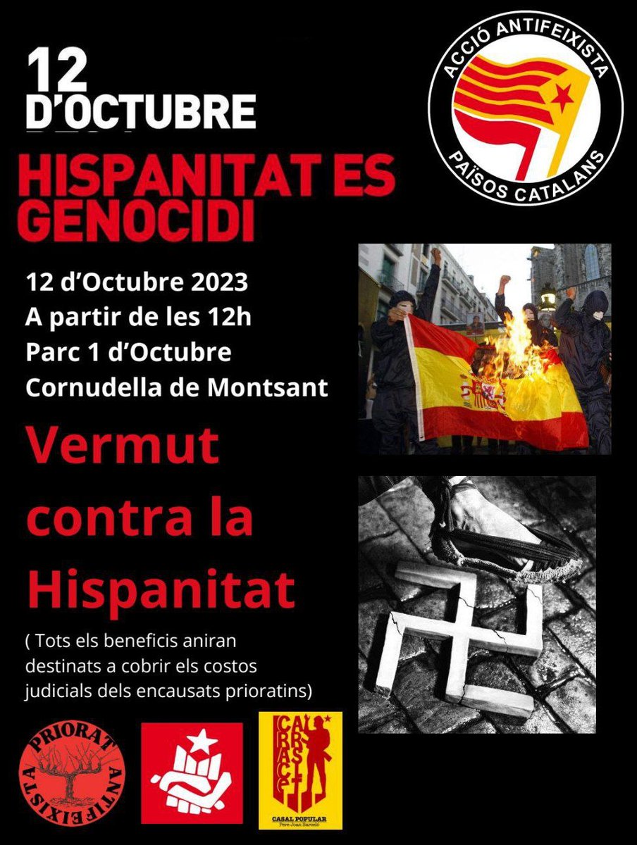 Alerta Solidària (@alertasolidaria) on Twitter photo ❗️Ets pel Priorat aquest dijous? Vine a treure el cap al:
🥃𝕍𝕖𝕣𝕞𝕦𝕥 𝕔𝕠𝕟𝕥𝕣𝕒 𝕝𝕒 𝕙𝕚𝕤𝕡𝕒𝕟𝕚𝕥𝕒𝕥 🥃
Fem el beure, maleïm els espanyolistes que celebren genocidis, i traiem uns dinerets perquè la repressió no aturi la lluita
❤️🔥<a href="/AntifaPriorat/">Ass. Antifeixista del Priorat</a> <a href="/casalcarrasclet/">Casal Carrasclet 🎗️</a> ❗️Ets pel Priorat aquest dijous? Vine a treure el cap al:
🥃𝕍𝕖𝕣𝕞𝕦𝕥 𝕔𝕠𝕟𝕥𝕣𝕒 𝕝𝕒 𝕙𝕚𝕤𝕡𝕒𝕟𝕚𝕥𝕒𝕥 🥃
Fem el beure, maleïm els espanyolistes que celebren genocidis, i traiem uns dinerets perquè la repressió no aturi la lluita
❤️🔥<a href="/AntifaPriorat/">Ass. Antifeixista del Priorat</a> <a href="/casalcarrasclet/">Casal Carrasclet 🎗️</a>