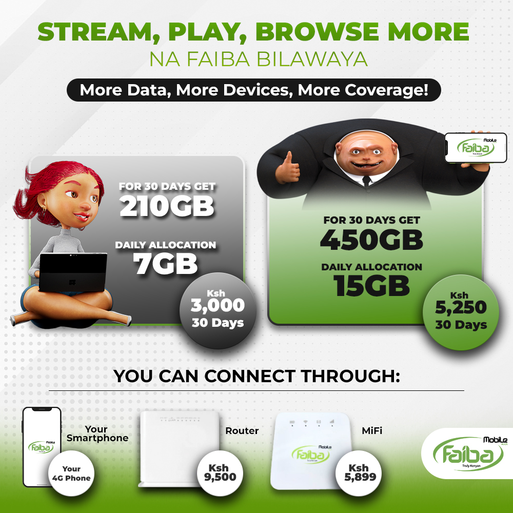 DO MORE NA FAIBA BILAWAYA!!

Stream, Play, Browse &amp; Work Online easily using your Smartphone, MIFI or Router.

To Get Connected Click this link jtl.co.ke/pata-faiba &amp; Choose Faiba BilaWaya.

#FaibaMobile #FaibaBilaWaya #GetFaiba