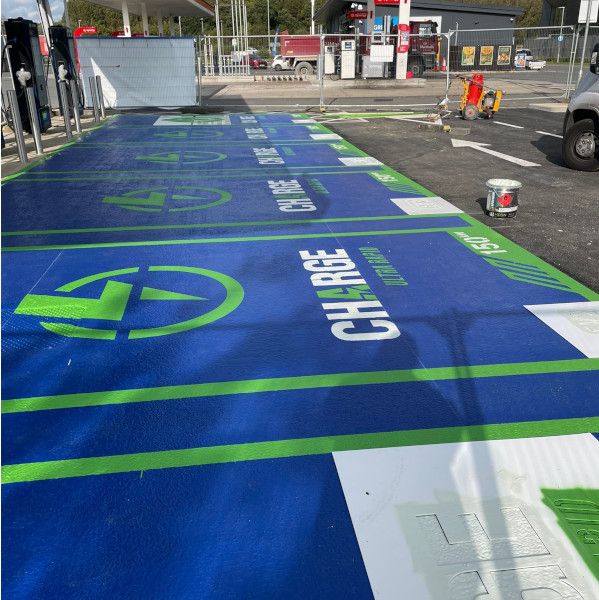 _TMSLtd's tweet photo. Recent EV Charging Bay project at Gateway 45 Service Station in Leeds. A six bay scheme, blue basecoat, overlay of green lines using mma and single epoxy paint. Addition of logos, to create quite an impressive and impactful installation. 0161 976 2382. 

https://t.co/rNniWPPUP8 https://t.co/9x2EHhta0P