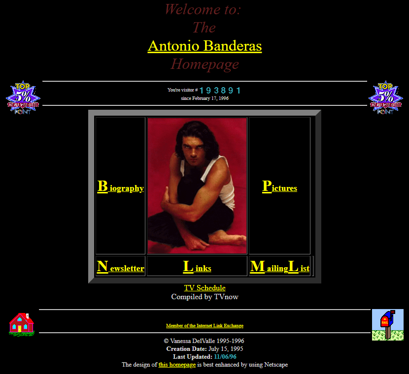 Welcome to: The Antonio Banderas homepage in 1995

#WebDesignHistory