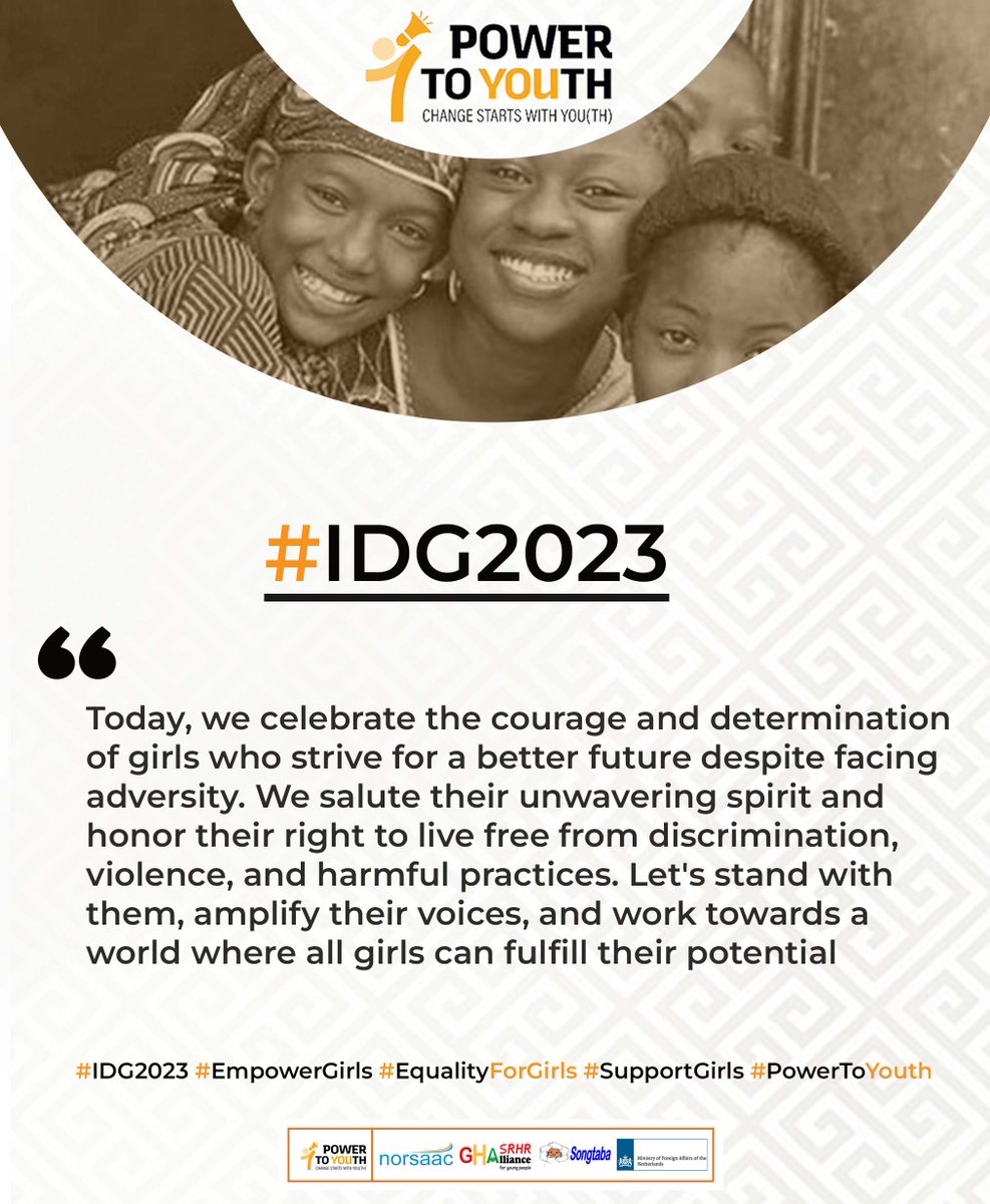 "Today, we celebrate the courage of girls who strive for a better future despite facing adversity. We salute their spirit and honor their right to live free from discrimination and harmful practices.
#IDG2023 #EmpowerGirls #EqualityForGirls #SupportGirls #PowerToYouth