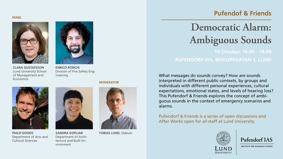 Next Pufendorf &amp; Friends explores the concept of ambiguous sounds in the context of emergency scenarios and alarms. 🔊
Join us for an after work and conversation with researchers from our Theme "Sound of Democracy" on 19 October.
pi.lu.se/evenemang/pufe…
<a href="/Lundsuni/">Lunds universitet</a>
