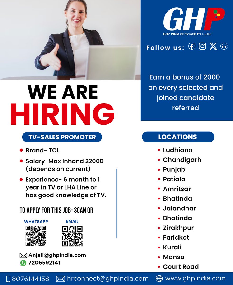 We are hiring TV Sales promoter with prior experience & knowledge of TV. The job is available at various locations in #Punjab.
Earn a bonus of 2000 on every selected & joined candidate referred!
To apply:
 📞8076144158
 📩- hrconnect@ghpindia.com

#hrhiring #punjabjobs #patiala