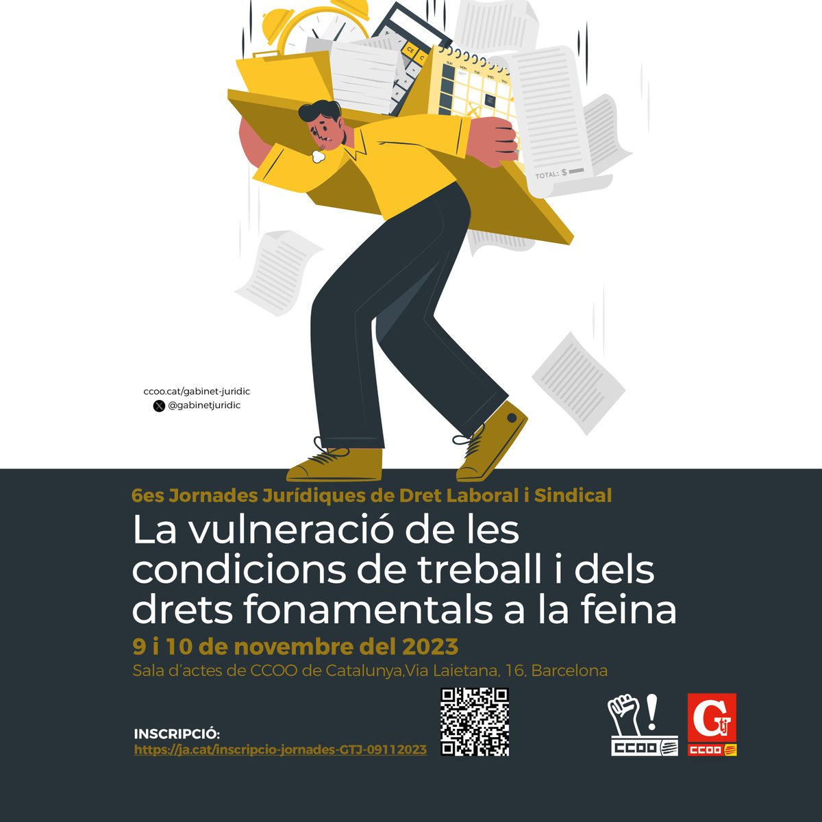 📢Tornem amb les Jornades Juríques del <a href="/gabinetjuridic/">Serveis Jurídics de CCOO de Catalunya</a>  els dies 9 i 10 de novembre de 2023.

Inscripcions en aquest enllaç 👇forms.gle/DikQVv7bjfrbvn…

També pots seguir tota la informació a t.me/Jornadasjuridi…

Tota la informació de les ponències 👇
ccoo.cat/noticies/6es-j…