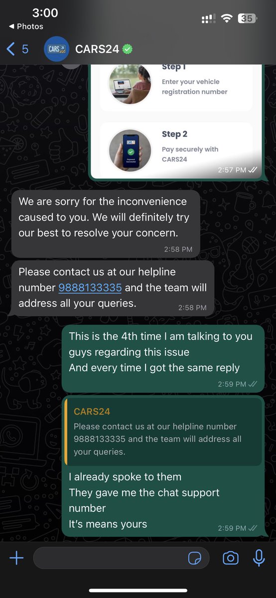 car_lover22's tweet photo. @cars24india See what kind of customer support your team is giving. This is the 4 time I am talking to anyone regarding this.
And every body has a same reply.@Cars24Support https://t.co/EiQ5hD7WsL