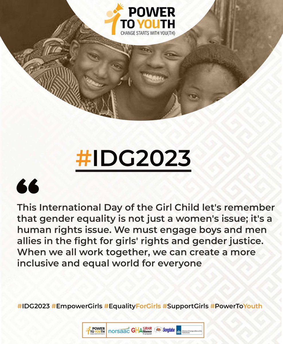 This International Day of the Girl Child let's remember that gender equality is not just a women's issue; it's a human rights issue. We must engage boys and men as allies in the fight for girls' rights and gender justice.
#IDG2023 #EmpowerGirls #EqualityForGirls #PowerToYouth