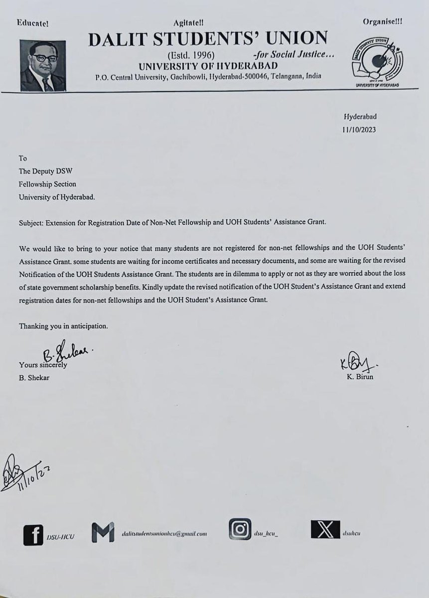DSU Submitted a Representation regarding Extension for Registration date of Non-Net fellowship and UOH Students' Assistance Grant