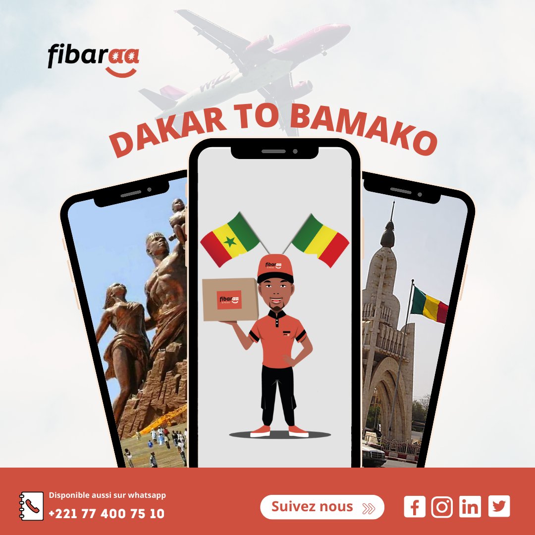 Envoyer un colis à Bamako et vice versa n'est plus un problème grâce à Fibaraa. Vos colis sont expédiés en 24 heures. Alors, n'attendez plus pour profiter de notre service rapide et fiable. 📞 Contactez-nous dès maintenant au 221 77 400 75 10. 1/2