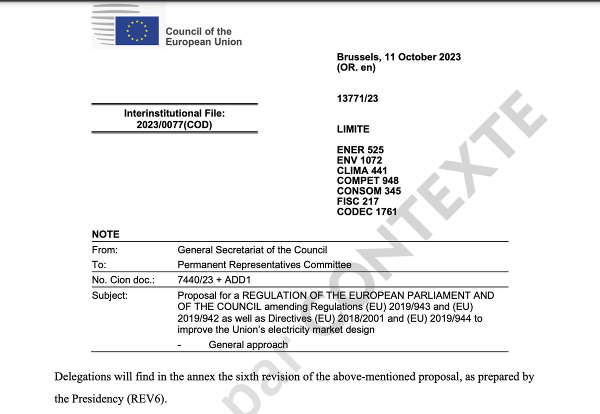 AnnaHbrt's tweet image. ⚡️LEAK - Electricity market reform⚡️
In the draft "general approach", 🇪🇸 presidency proposes to limit CFD to investments in "new" power-generating facilities. More details in @ContexteEnergie ⤵️
contexte.com/actualite/ener…
1/2