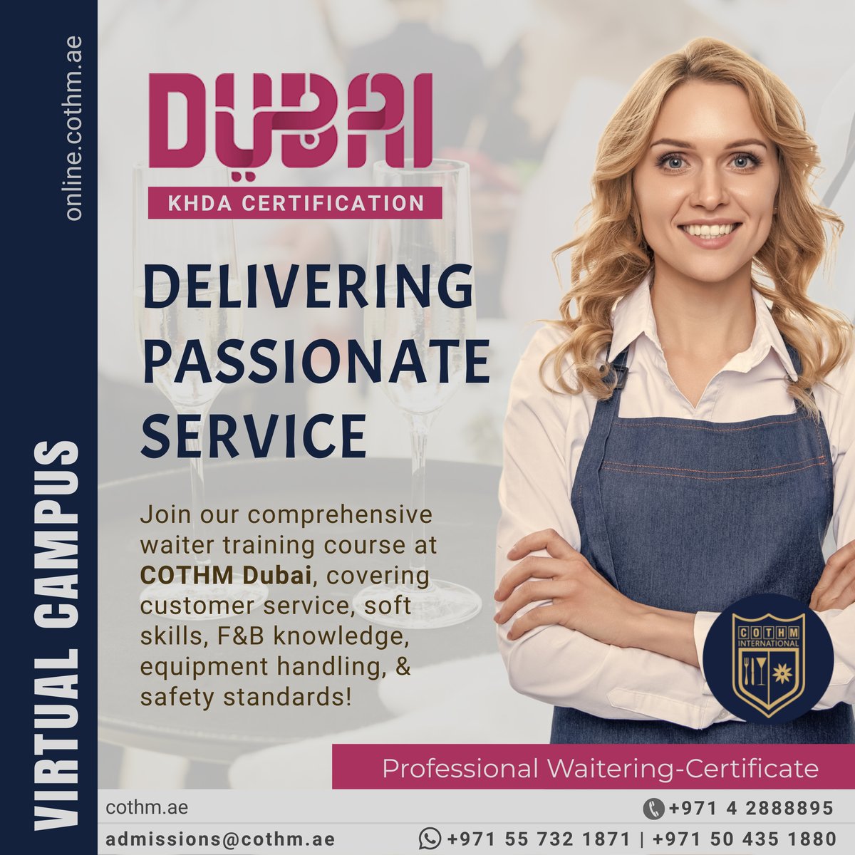 Boost your hospitality skills at COTHM Dubai! Acquire expertise in customer service, F&B, equipment handling, safety standards, and more. 

Enroll today! 

Visit cothm.ae/programs/profe… #COTHMDubai #HospitalityTraining