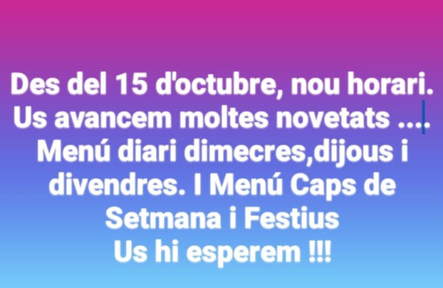 #Vermuts🍸🦪
#Tapes 🧀🍟
#Arrossos_i_Pastes 🥘🍝
#Marisc_i_Carns 🍤🥩
#Entrants_i_Torrades 🥗🥖
#Menú_diari 🍽️🍷
#parking_gratuit 🚗