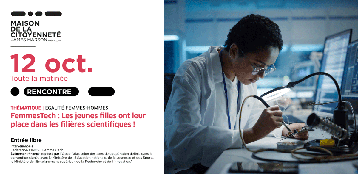 La_Courneuve's tweet image. Jeudi 12 octobre, la Maison de la citoyenneté James-Marson accueille #FemmesTech pour une rencontre autour de l&apos;#égalité femmes-hommes. C&apos;est toute la matinée au 33 avenue Gabriel-Péri, à La Courneuve 👍