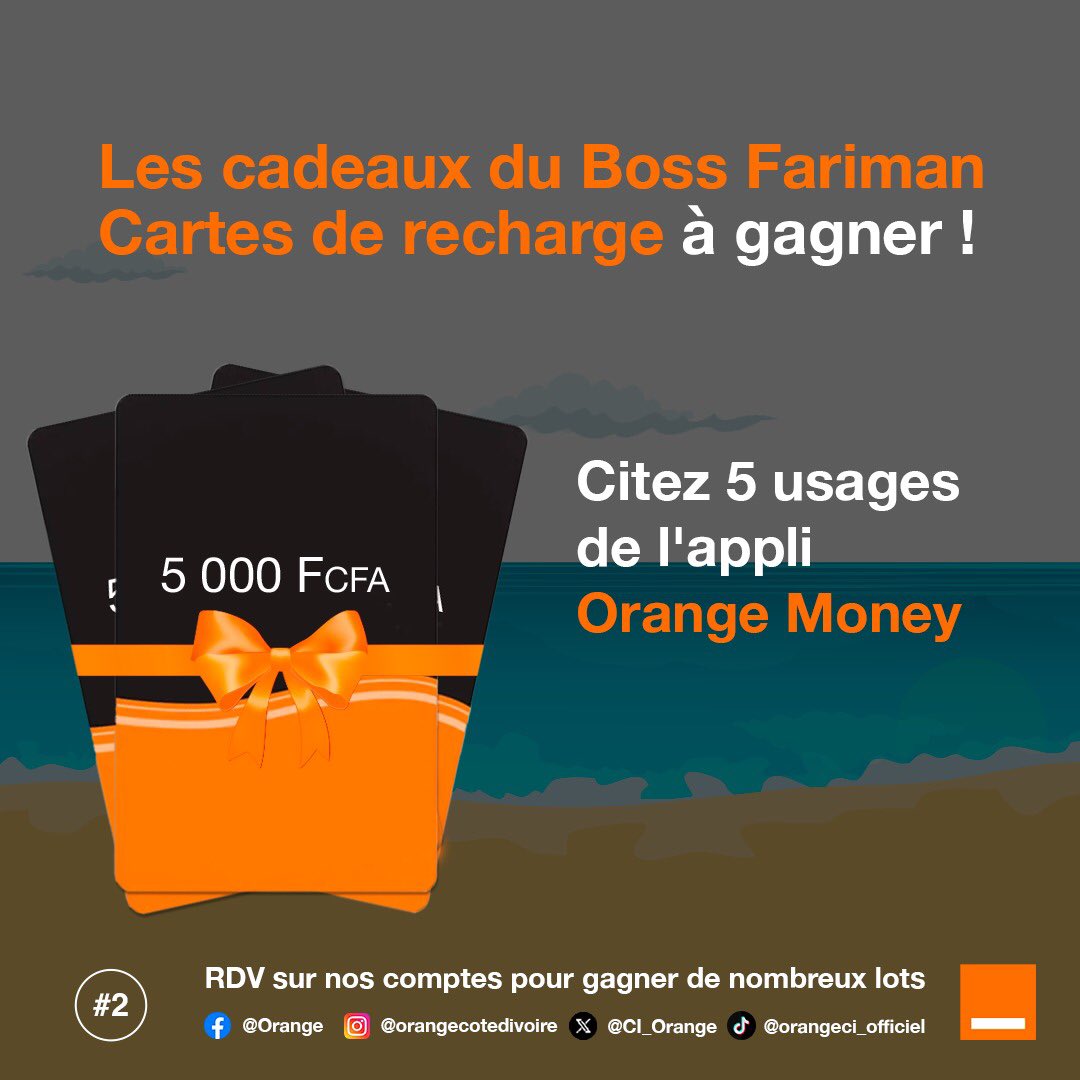 CI_Orange's tweet photo. Les cadeaux 🎁 du Boss Fariman : 5 cartes de recharge de 5 000F. 🥰
Pour gagner, c’est simple. 
1) Abonne-toi à notre compte 
2) Retweete cette publication 
3) Sois parmi les 5 dernières personnes à trouver la bonne réponse. GOOOO ! 😎 
#LaVieEstZo #BossFariman https://t.co/NjQYdLptV8