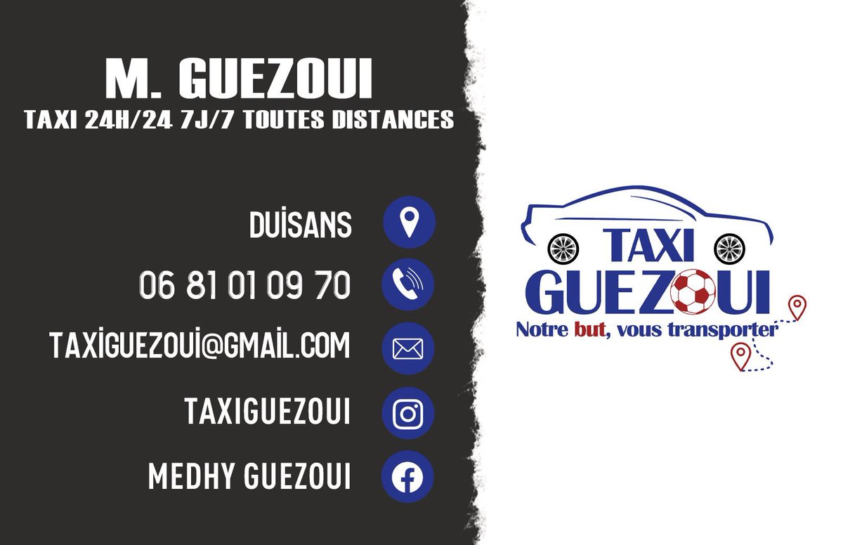 Suivez nous et réservez votre Taxi sur Duisans Arras Lens et Alentours✅
Taxi Guezoui 🔝
Notre But, Vous Transporter 🚕