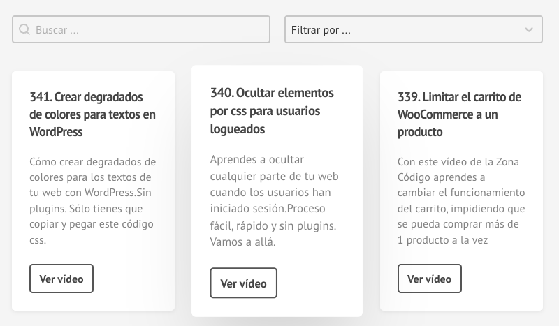 Para usar más tipos de filtros y tener control sobre el aspecto de los contenidos a filtrar y los resultados de las búsquedas, entonces puedes usar un plugin WP Grid Builder.

Es el que uso en mi web para que puedas navegar entre los cursos y los vídeos de la Zona Código.

Curso: