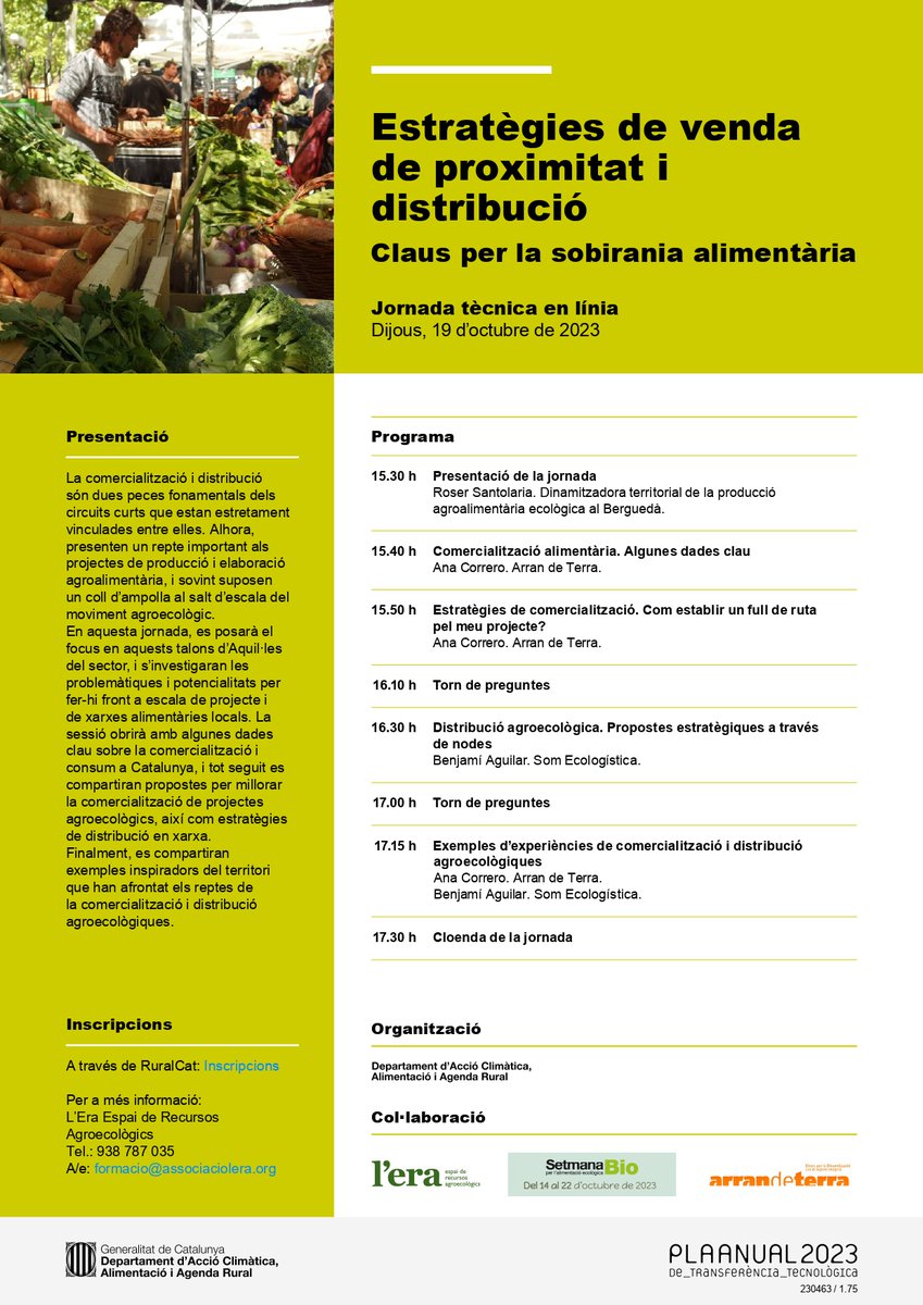 ruralcat's tweet photo. 📌Jornada tècnica en línia: "Estratègies de venda de proximitat i distribució. Claus per la sobirania alimentària" #PAT2023
📅19/10/2023
⌚️15:30h
https://t.co/iz2bAoYVTP
@associaciolera @arrandeterra_ https://t.co/iivjD3ERz9