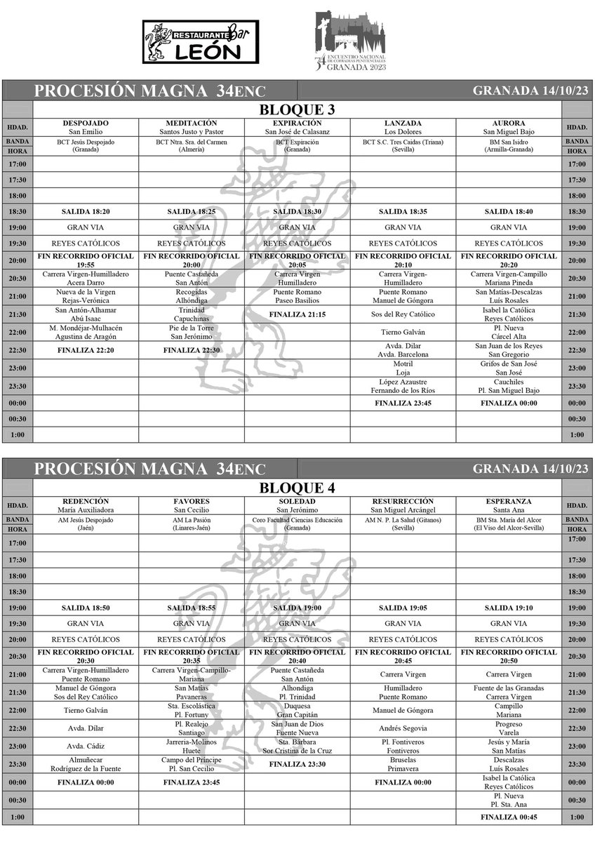 barLEONgranada's tweet photo. ATENCIÓN!!
Aquí os dejamos los HORARIOS E ITINERARIOS de TODAS LAS HERMANDADES que participarán en la procesión magna, que con motivo del XXXIV ENCUENTRO NACIONAL DE COFRADIAS se va a celebrar el próximo sábado 14 de octubre en granada. https://t.co/JgRmENCMpI