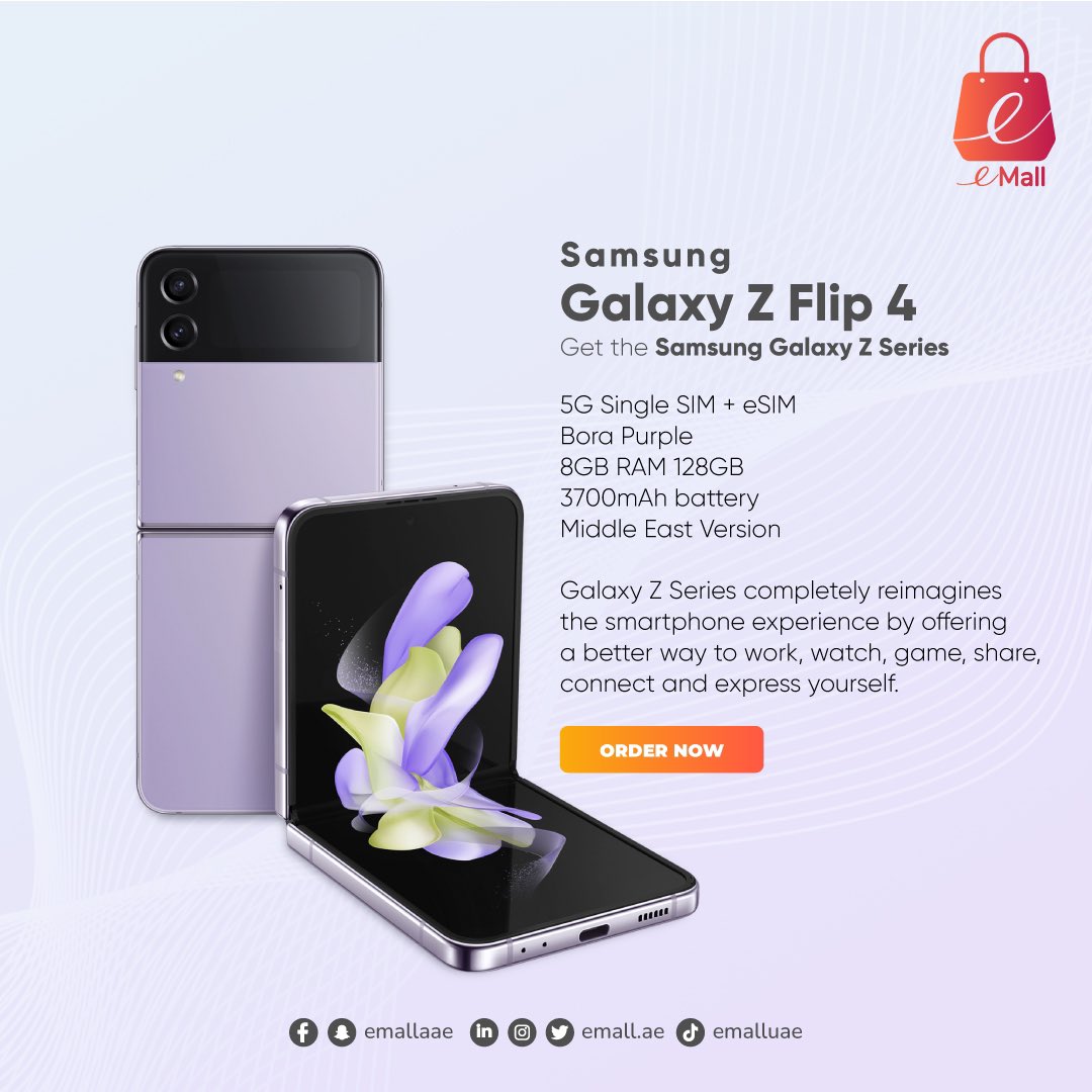AeEmall's tweet photo. Samsung Galaxy Z Flip 4
Get the Samsung Galaxy Z Series
5G Single SIM +eSIM
Bora Purple 8GB RAM 128GB
3700mAh battery
Middle East Version
Galaxy Z Series completely reimagines the smartphone experience by offering  better way to work,watch,game,share,connect and express yourself. https://t.co/5J8uMujeGP