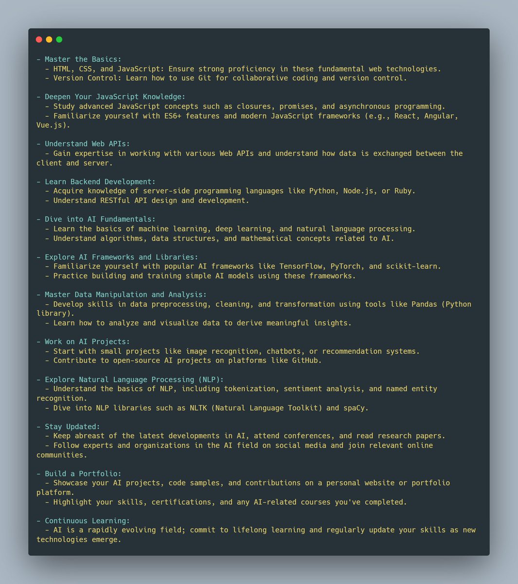 ArunKNairr's tweet image. Front-end whiz? Dive into AI with this roadmap! 🚀 #AIDeveloper #TechJourney #roadmap
