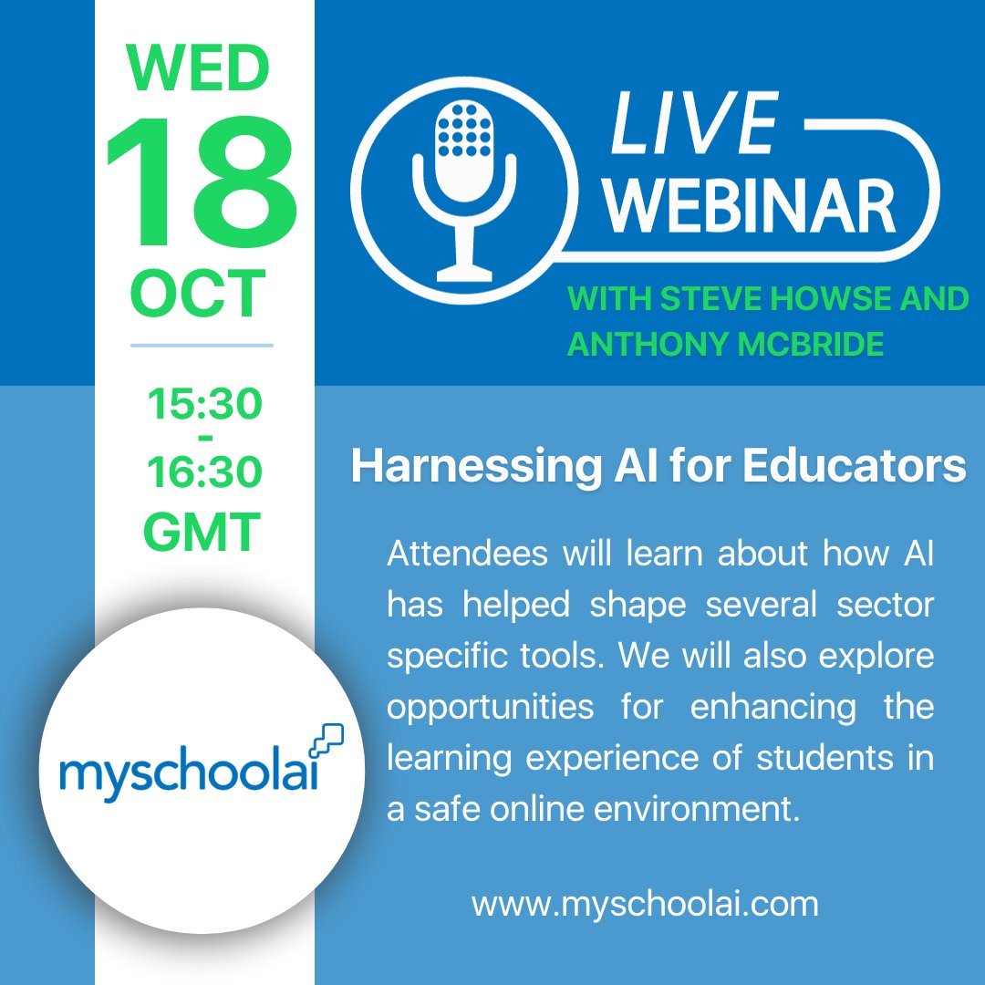 myschoolai (@myschoolai) on Twitter photo 💫 Harnessing AI for Educators - FREE Webinar 💫
Join us next week for our first myschoolai webinar - hosted by <a href="/SteveHowseEdu/">Steve Howse</a>
Tickets are selling fast, get yours here;
🎫eventbrite.com/e/harnessing-a…
✉️info@myschoolai.com
#edtech #webinar #education 💫 Harnessing AI for Educators - FREE Webinar 💫
Join us next week for our first myschoolai webinar - hosted by <a href="/SteveHowseEdu/">Steve Howse</a>
Tickets are selling fast, get yours here;
🎫eventbrite.com/e/harnessing-a…
✉️info@myschoolai.com
#edtech #webinar #education