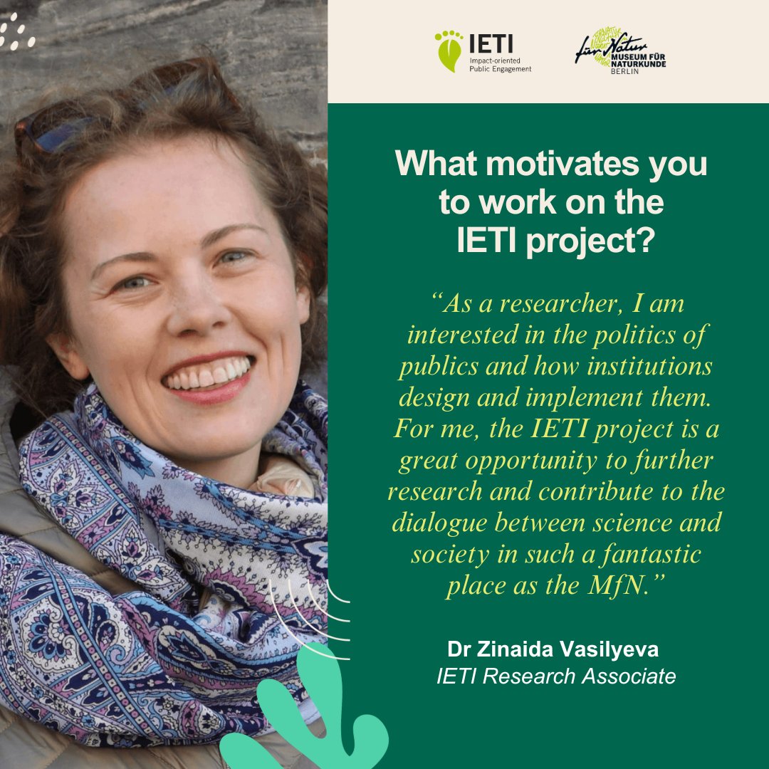 IETI_MfN's tweet photo. We will complete our Meet the Team series by introducing the #IETI research associate, Dr Zinaida Vasilyeva.

Zinaida will research how different units of the @mfnberlin understand, practice and evaluate #PublicEngagement to develop a more reflexive #methodology. https://t.co/5zqblLZDeD