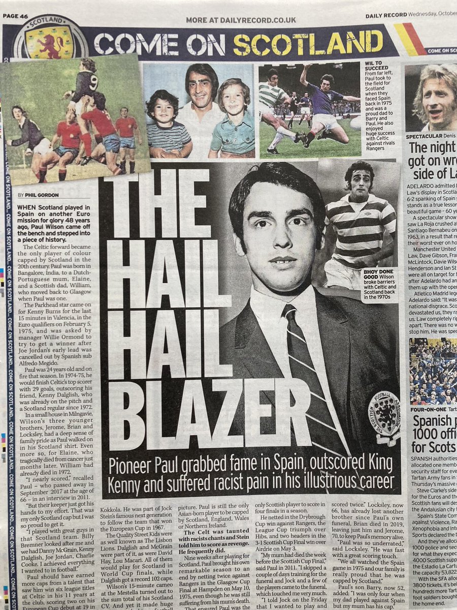 PJG_Sport's tweet photo. Spain v Scotland 48 years ago, Paul Wilson earns his only cap and became the only player of colour capped by Scotland in the 20th century. My piece in the Record today about the Celtic player who outscored Kenny Dalglish and beat racism. #Scotland #CelticFC #Euro2024qualifiers https://t.co/hDtD8Kc9xL