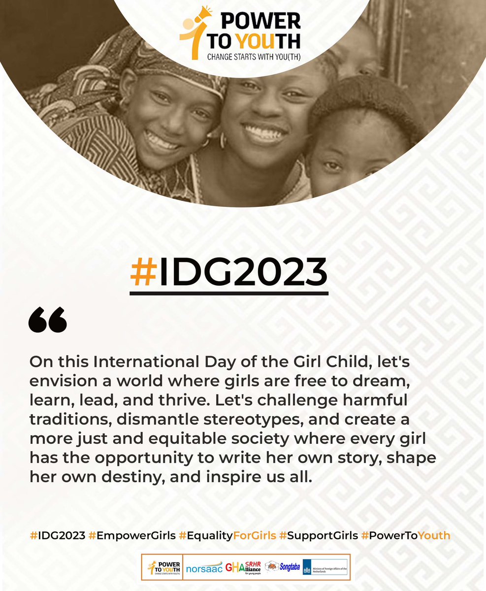 On this International Day of the Girl Child, let's envision a world where girls are free to dream, learn, lead, and thrive.
#IDG2023 #EmpowerGirls #EqualityForGirls #SupportGirls #PowerToYouth