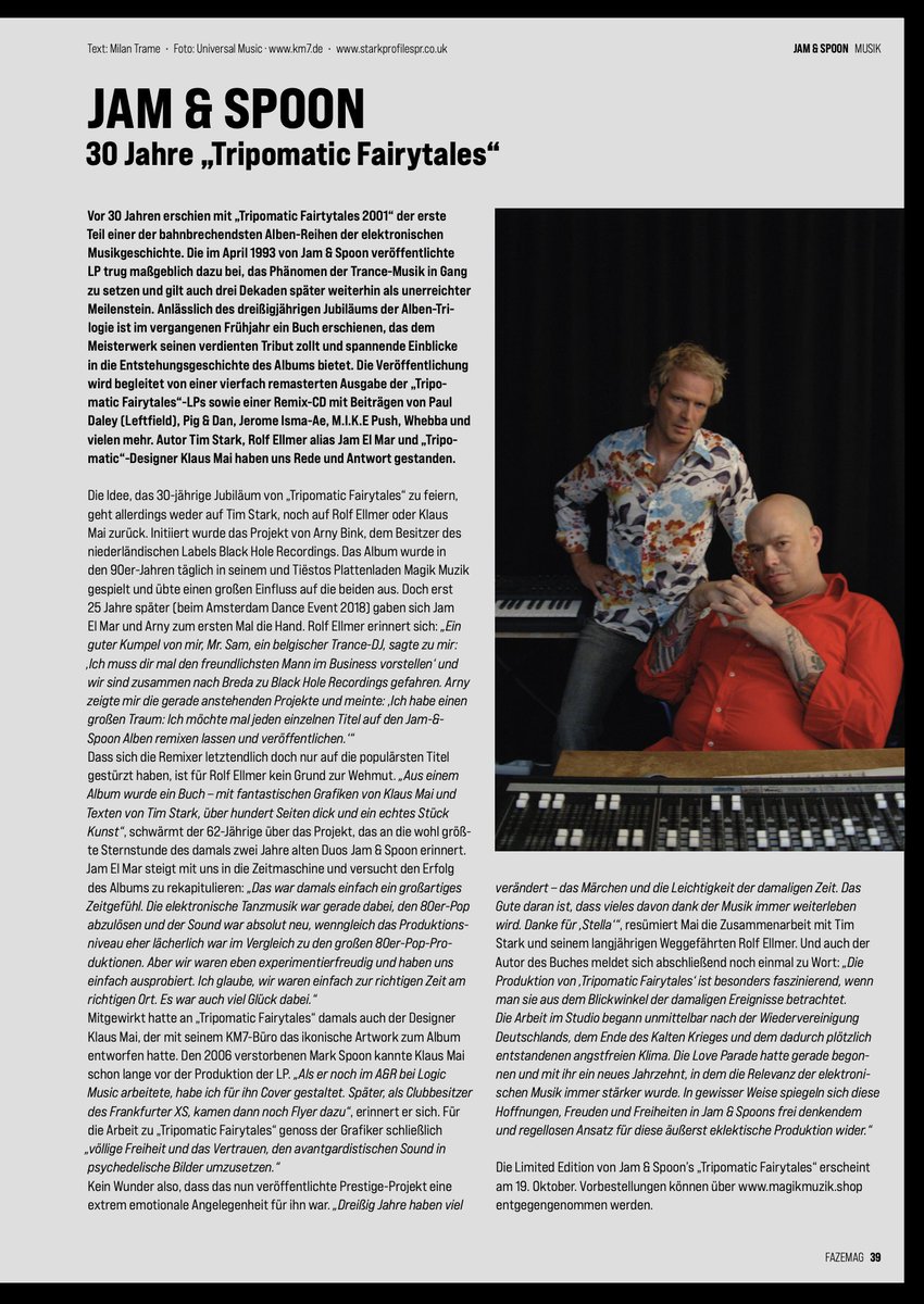 FazeMag with an insightful piece into Jam &amp; Spoon's Tripomatic Fairytales book from Km7 (Klaus Mai) and myself