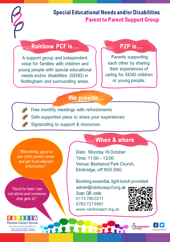 Rainbow Parents Carers Forum (@rainbowpcf) on Twitter photo Our next Special Educational Needs and/or Disabilities Parent to Parent Support Group is on Monday 16 October from 11:00 - 13:00 at Bestwod Park Church. A light lunch is provided and booking is essential - admin@rainbowpcf.org.uk Our next Special Educational Needs and/or Disabilities Parent to Parent Support Group is on Monday 16 October from 11:00 - 13:00 at Bestwod Park Church. A light lunch is provided and booking is essential - admin@rainbowpcf.org.uk