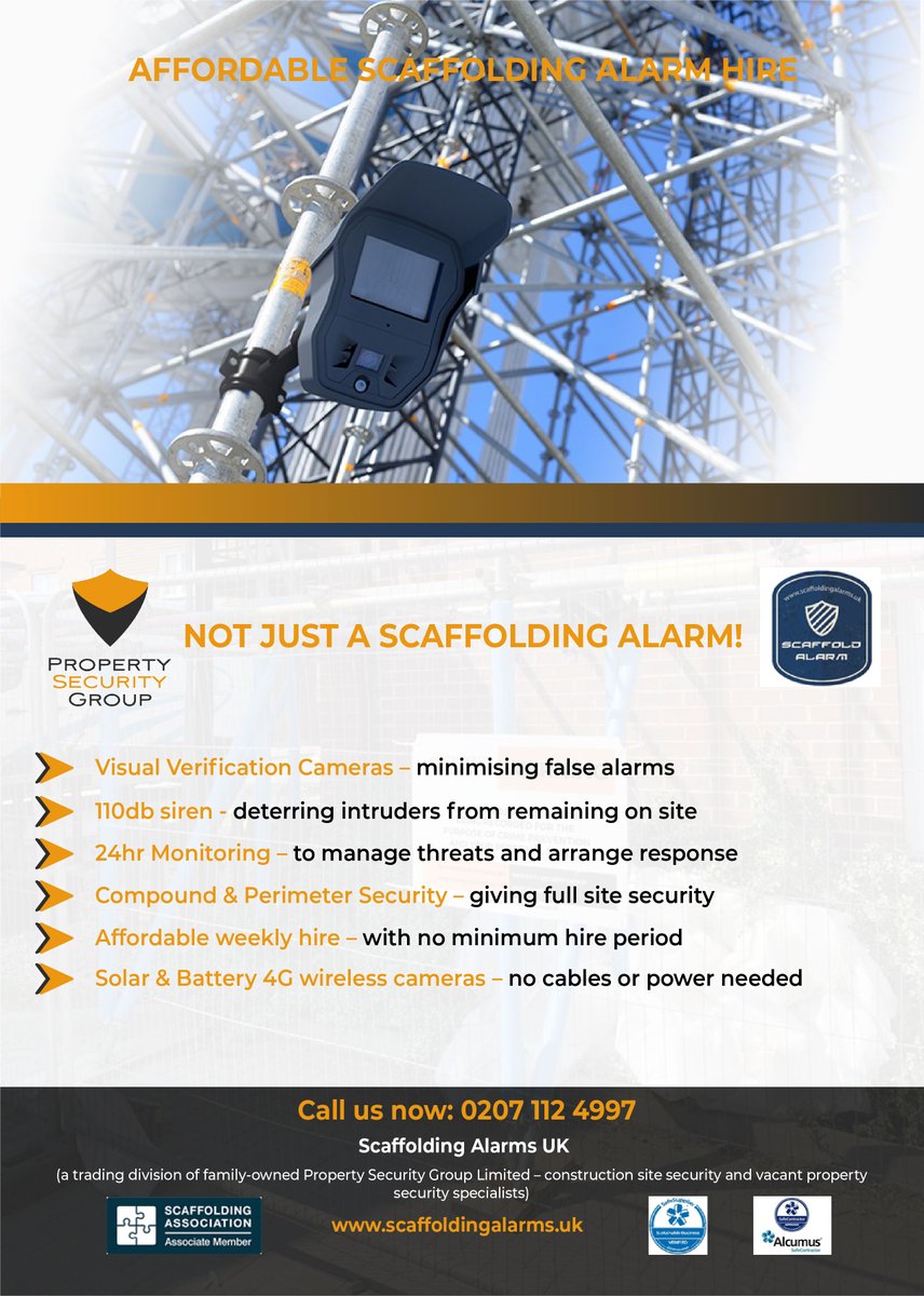 As we celebrate <a href="/ScaffoldingWeek/">National Scaffolding Week</a>, we reflect on the role of our #ScaffoldingAlarms cameras 24hr monitoring, in improving security on #constructionsites #vacantproperty

scaffoldingalarms.uk 
#NSW #ScaffWeek #Scaffolding #Construction #ScaffoldingServices #ScaffoldingAlarmHire