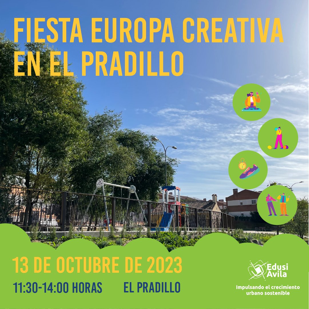 EDUSIAvila's tweet photo. ¡Ven a la Fiesta "Europa Creativa” en el Pradillo y pásatelo genial! 🥳🎉

📆 ��Cuándo?: el viernes 13 de octubre
🕦 ¿A qué hora?: de 11:30 a 14:00

🎨 Talleres de manualidades 

🏃‍♂️ Gymkanas y juegos populares 

🏰 Castillos hinchables y obstáculos 

🎧 DJ y conciertos https://t.co/APAkBqSJE1