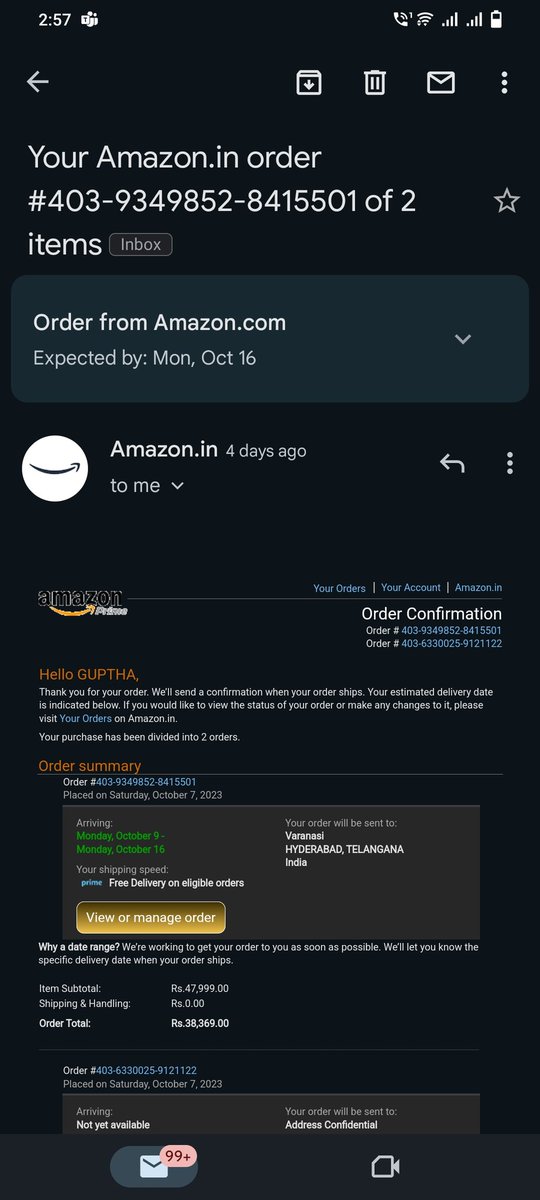 Guptha_39's tweet photo. I ordered iPhone13 in the Amazon sale on 7th October 2023. And the order was cancelled by Amazon on 11th October 2023 without informing me. When i asked Amazon customer care they asked me to place a new order. Now the price is increased.@iamprasadtech @amazonIN @amazon @ajassy https://t.co/8goBS7WLjo