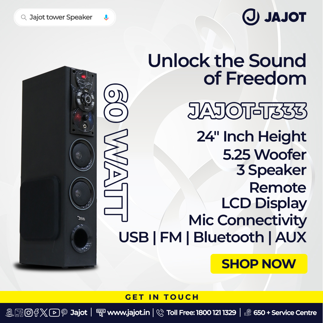 JajotElectronic's tweet photo. "Unlock the sound of freedom!" with the all new Jajot T Series Tower Speaker

#towerspeaker #hometheater #music  #loudspeakers  #surroundsound #bestspeaker #party #sale #subwoofers #india #JajotForYou #JajotForYourHome #JajotHomeAppliances #JajotIndia https://t.co/Vj94nMUk0L