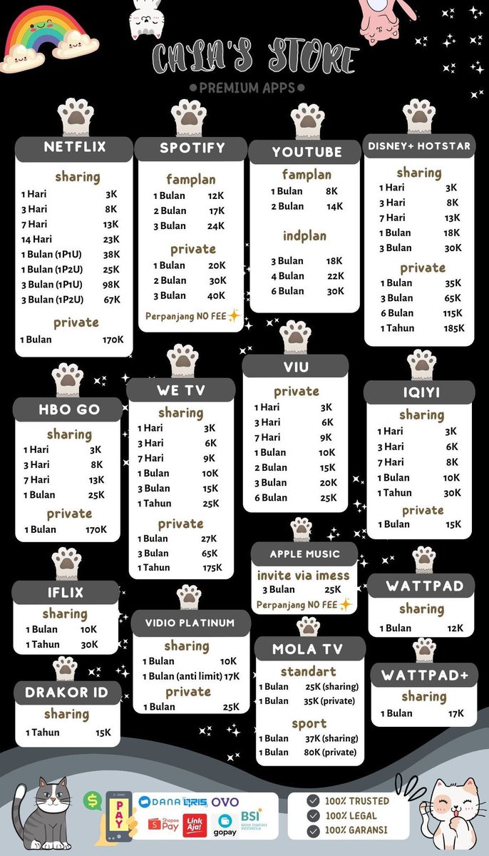 CalasStore's tweet image. Halooo kak Luna! sini order di aku start 25k an aja loh🤩🤩 Trusted, Legal, dan Full Garansi! Testimoni cek pinned aku yah🥰 order cas cus DM atau WA ke wa.me/62895360515522 🙌🏻 tf lgsg aku proses 🫶🏻✨

t. netflix murah bergaransi mau netflix beli netflix