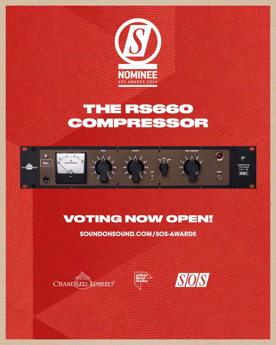 Voting for the 14th annual @soundonsoundmag Awards is now open! We were thrilled to see the @ChandlerLimited EMI Abbey Road Studios #RS660 #Compressor make the cut for the ‘Effects & Processing Hardware’ category. Vote now: bit.ly/3LHXf45 #SOSAwards