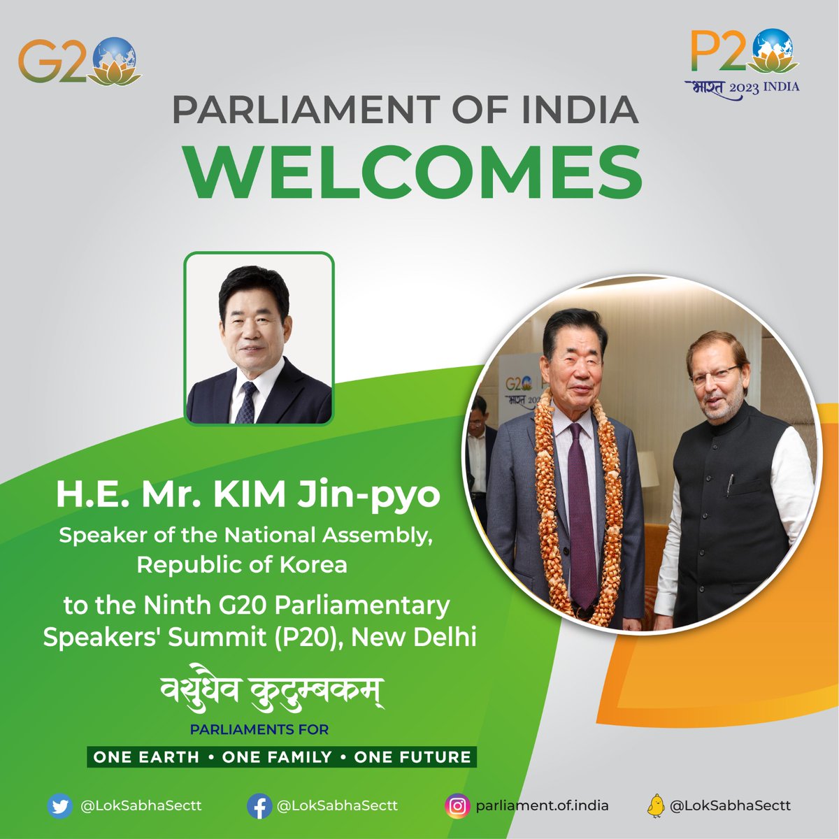 Parliament of India is honoured to welcome H.E. Mr. Kim Jin-pyo, Speaker of the National Assembly, Republic of Korea to the #P20Summit. #P20Bharat 

#P20 Conference @PIB_India @PIBHindi @DD_Bharati @DDNewslive @airnewsalerts @AIRNewsHindi @IPUparliament @g20org @G20BHARAT