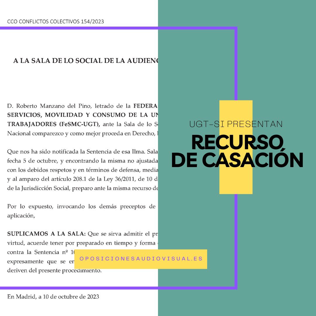 ⚠️UGT-SI PRESENTAN RECURSO DE CASACIÓN CONTRA LA SENTENCIA⚠️

Hoy nos levantamos con la noticia de que UGT-SI han presentado un recurso contra la sentencia de la Audiencia Nacional. Más detalles en la entrada. #OposicionesRTVE

📌oposicionesaudiovisual.es