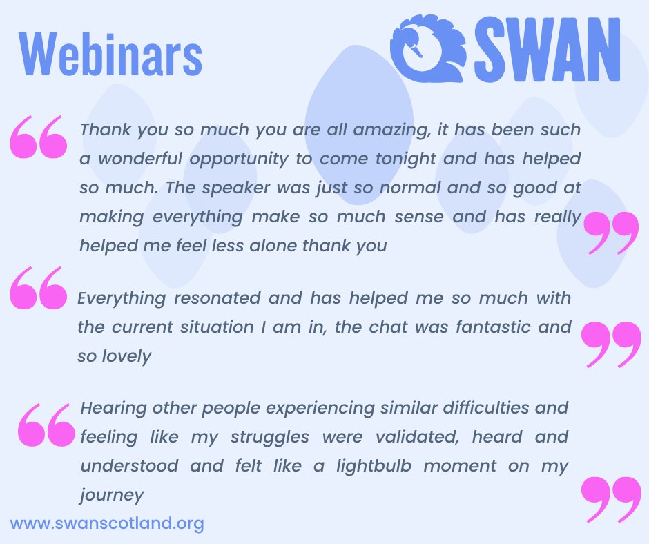 SwanAutism's tweet image. Looking forward to our next two webinars 
19th Oct - Touch and Intimacy with Nature - A Creative and Sensory Anchor with Clare Plumley @interpl8 
2nd Nov - Autism and Anxiety - A Constant Companion
For info and booking - swanscotland.org/services-and-e…