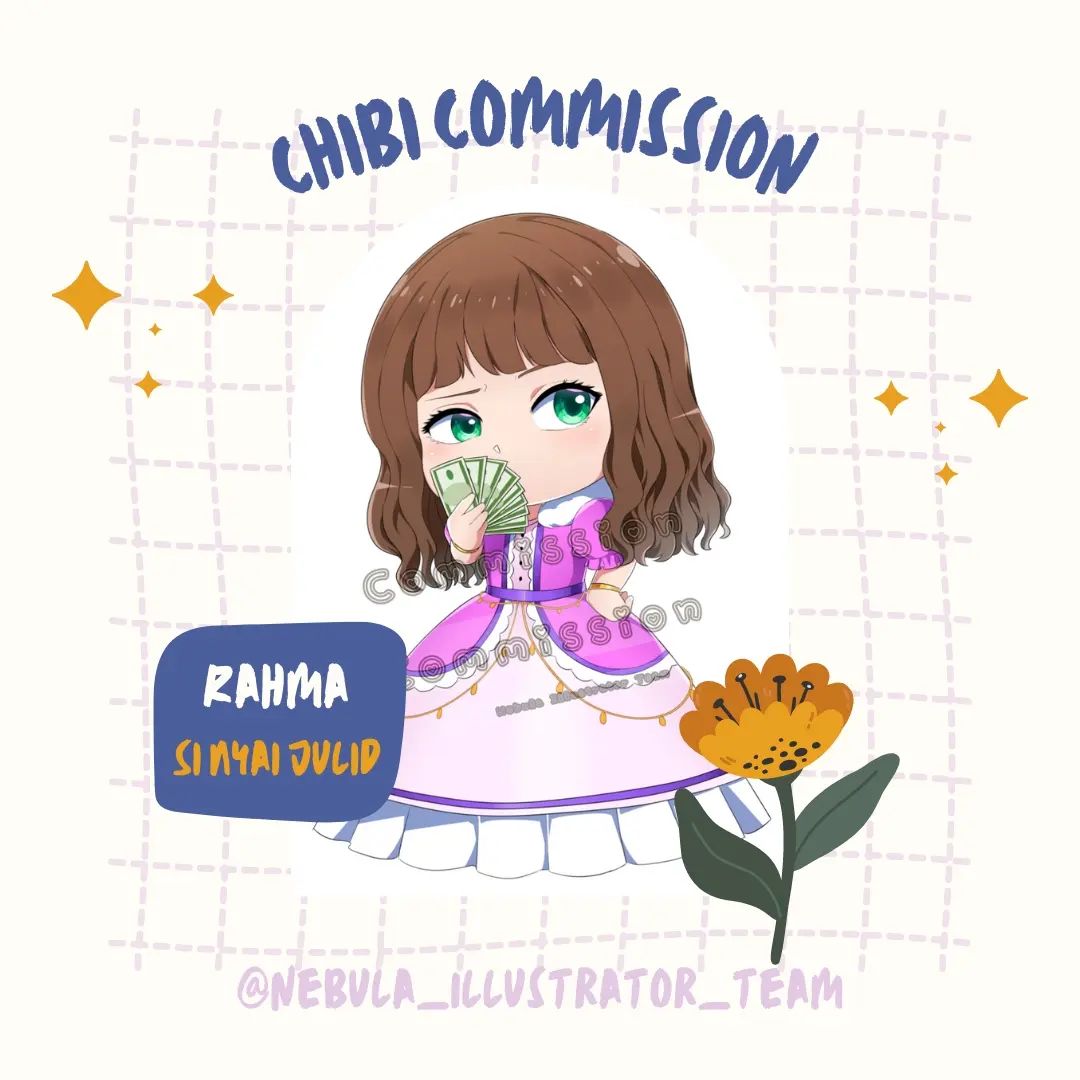 Nebula11Team's tweet photo. Hi, guys!
Satu lagi nih, sampel "Chibi Commission".

Makasih banyak loh, ya, Mbak Rahma, udah dipakai terus chibinya.

✨✨✨✨

#Nebula_Illustrator_Team
#NebulaTeam
#nebulaillustrator #art #artwork  #artist #chibiart #chibistyle #chibi #commisionsopen #commission #digitaldrawing https://t.co/ayc1DZxbY9