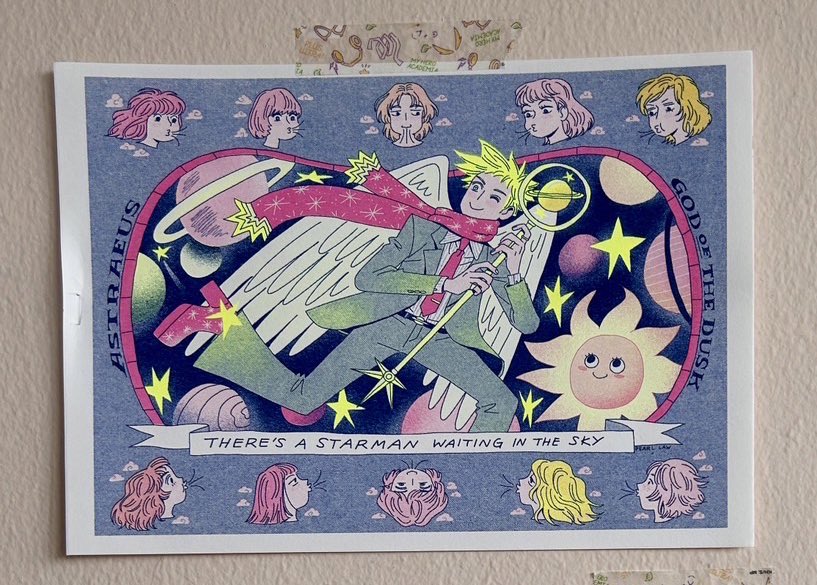 My first print, ASTRAEUS, for a space-themed risograph show ‘To Infinity’ organised by <a href="/_aroundgallery/">Around Gallery</a> back in June.

Astraeus is the god of stars/planets/astrology.💫🪐