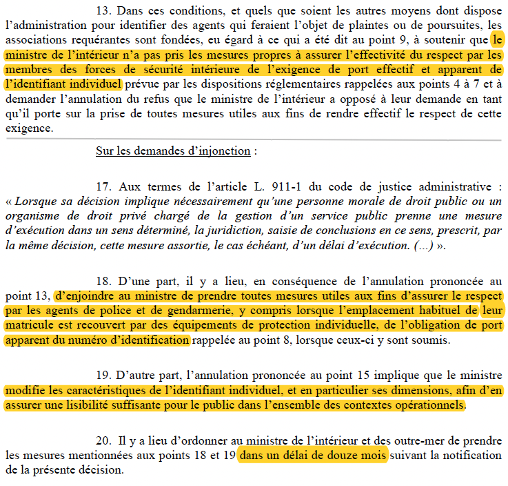 Important : En Assemblée, le <a href="/Conseil_Etat/">Conseil d'État</a> juge illégal le refus d'<a href="/Interieur_Gouv/">Ministère de l'Intérieur</a> d'agir contre le non-respect par les forces de l'ordre de leur obligation d'identification.

Et il lui enjoint de :
- Faire respecter l'obligation de port du RIO;
- Rendre ce numéro plus lisible.