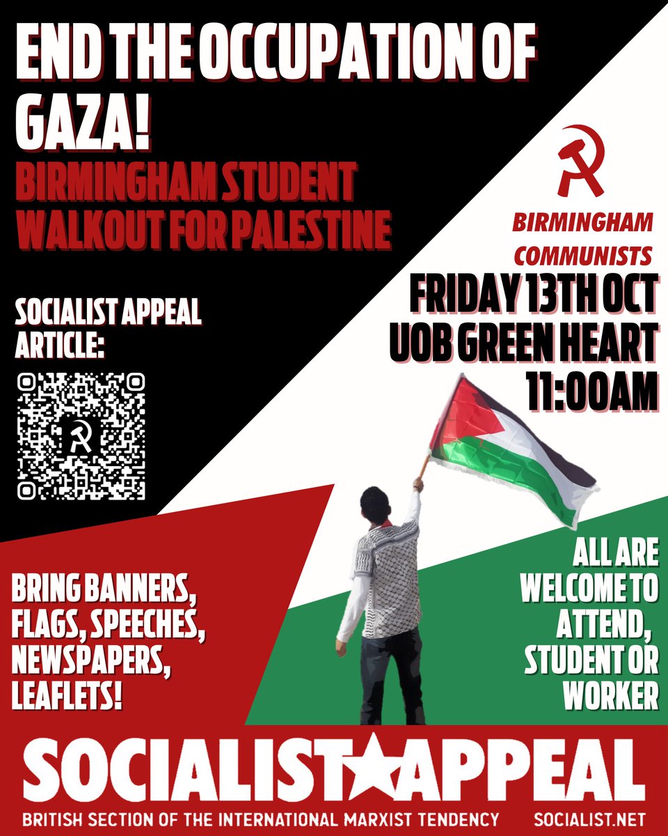 uobssts2023's tweet photo. 📢STUDENT WALKOUT FOR PALESTINE!

💚Join us at the Green Heart to Demand a Free Palestine and the withdrawal of all University of Birmingham funding to all arms companies!

💣This is what @unibirmingham spend our tuition fees on!

🇵🇸Free Palestine! https://t.co/53pgwyO7wT