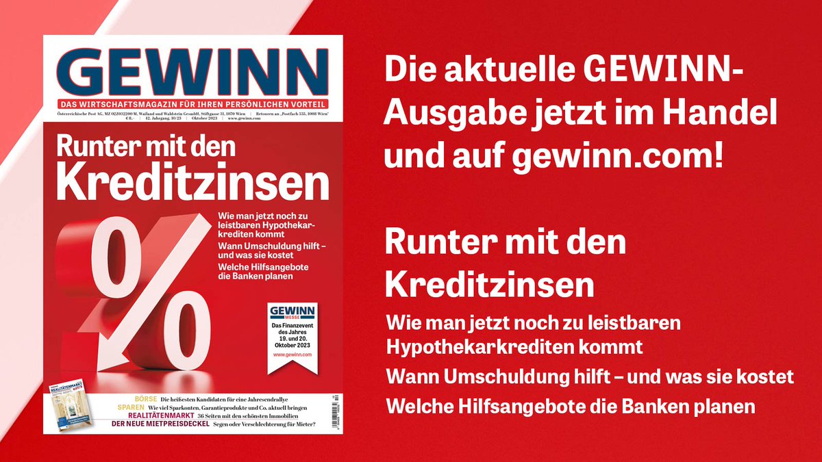 GEWINNcom's tweet photo. Runter mit den #Kreditzinsen
Wie man jetzt noch zu leistbaren Hypothekar­krediten kommt
Wann #Umschuldung hilft – und was sie kostet
Welche Hilfsangebote die Banken planen
https://t.co/3icO0Kg4rF #wirtschaftsmagazingewinn #Kredit #Zinsen #gewinnmesse https://t.co/22nlR7dJhQ