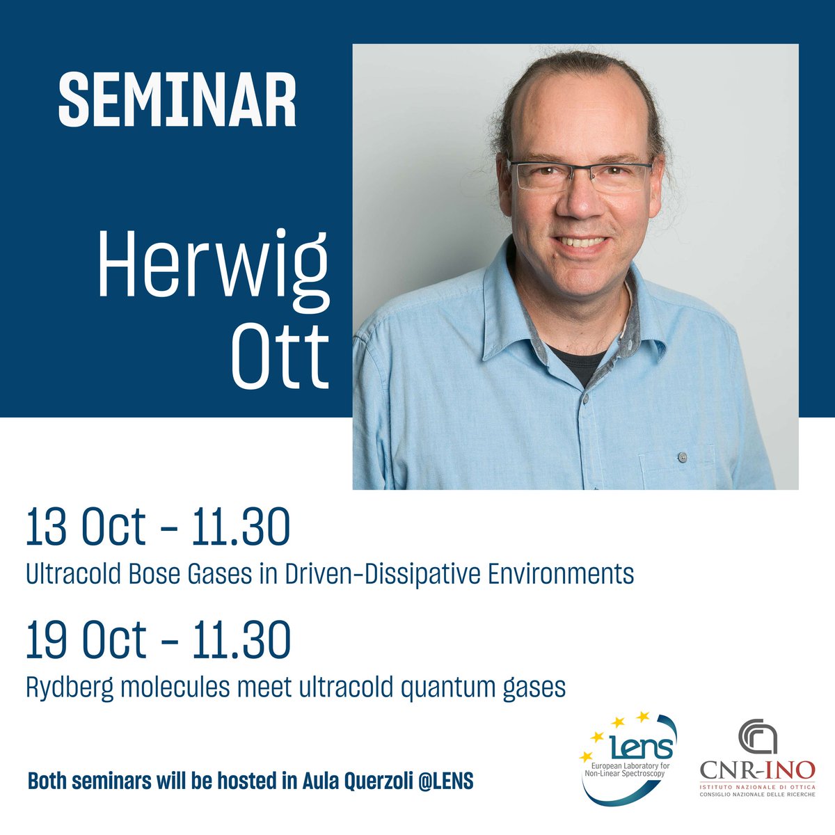 We are excited to host Prof. Herwig Ott from <a href="/uni_kl/">uni_kl</a> for a few weeks here at LENS!

He will give two seminars about #dissipation in Bose gases and #Rydberg molecules. Looking forward to discuss science with you Herwig 😊