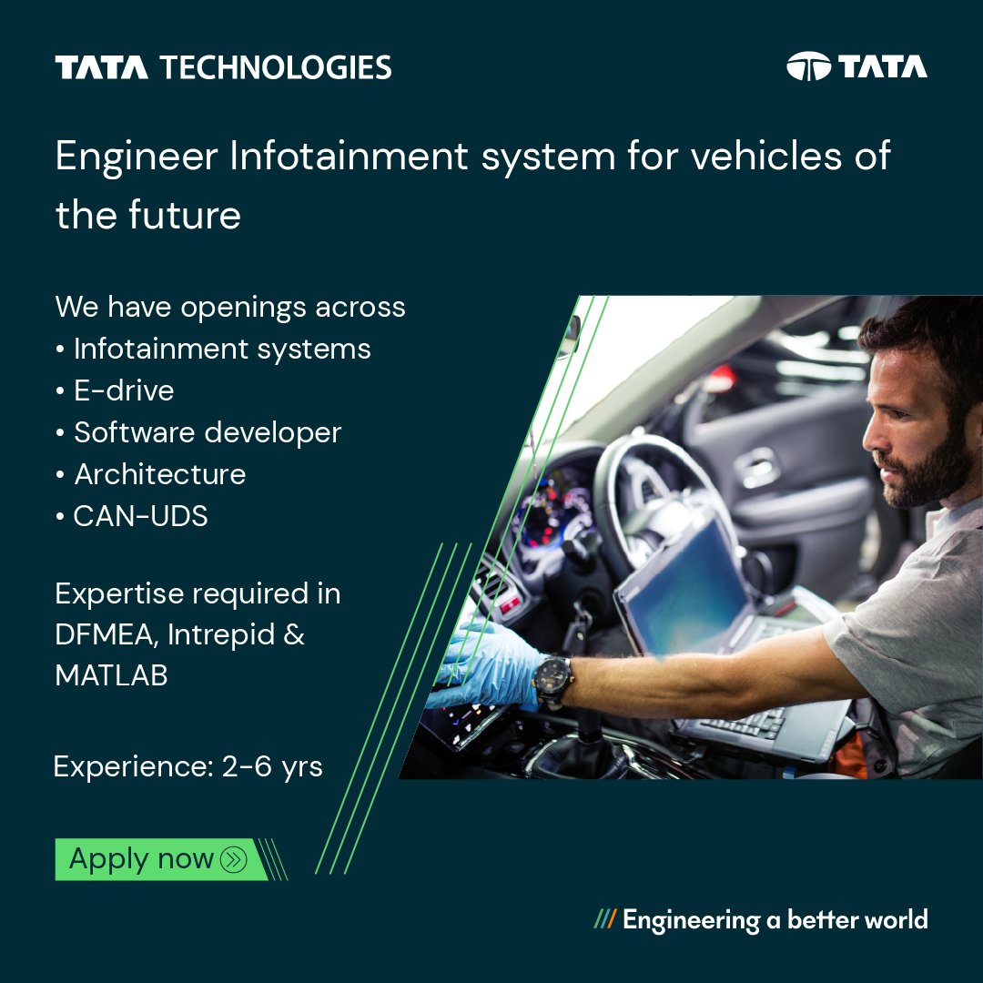 TataTech_News's tweet image. #HIRINGNOW - Tata Technologies is at the forefront of the #eMobility revolution #innovating #embedded software solutions for #OEMs across the world. We’re looking for dynamic engineers to join our vibrant team.

#comejoinus in #engineeringabetterworld - lnkd.in/dupd_y2A