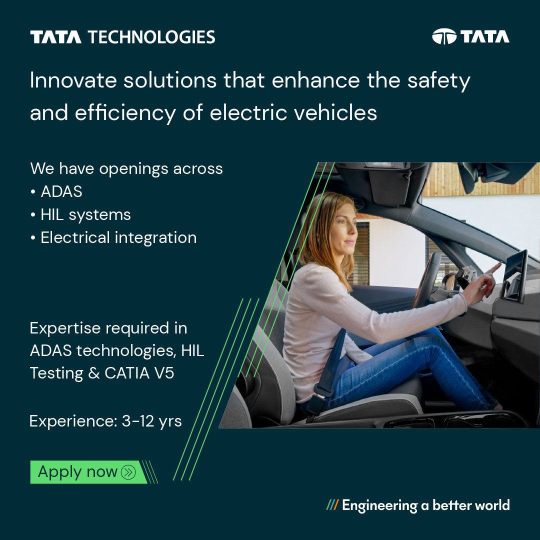 TataTech_News's tweet image. #HIRINGNOW - Tata Technologies is at the forefront of the #eMobility revolution #innovating #embedded software solutions for #OEMs across the world. We’re looking for dynamic engineers to join our vibrant team.

#comejoinus in #engineeringabetterworld - lnkd.in/dupd_y2A