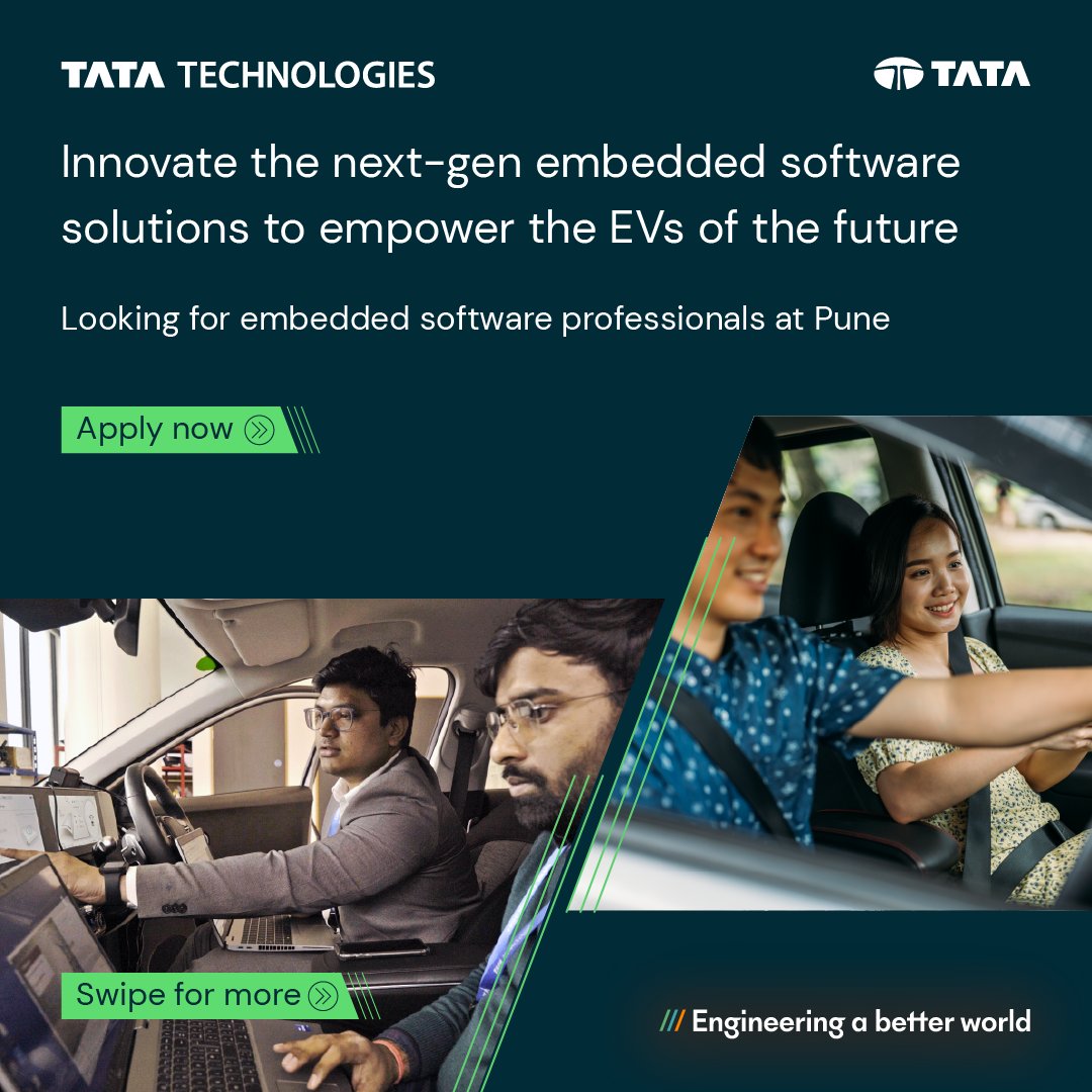 TataTech_News's tweet image. #HIRINGNOW - Tata Technologies is at the forefront of the #eMobility revolution #innovating #embedded software solutions for #OEMs across the world. We’re looking for dynamic engineers to join our vibrant team.

#comejoinus in #engineeringabetterworld - lnkd.in/dupd_y2A