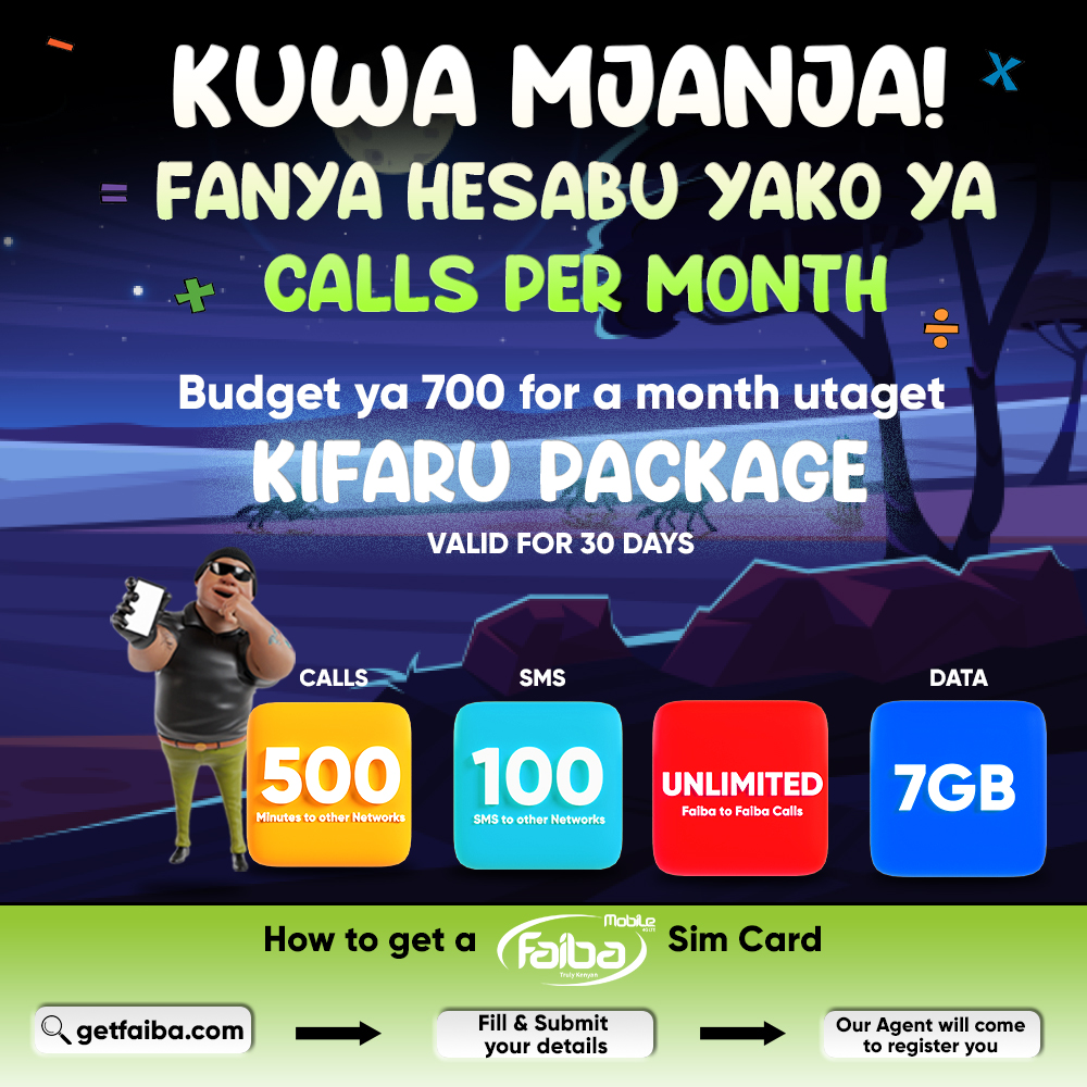 Furahia Mtandao Na Faiba Mobile!

GET 500MINS, 100SMS TO OTHER NETWORKS + 7GB DATA when you subscribe to KIFARU FAIBA VOICE PLUS for only Ksh 700. Valid 30 Days.

Download the #FaibaApp or Click selfcare.jtl.co.ke/data to buy.

#FaibaJTL #FaibaMobile #GetFaiba