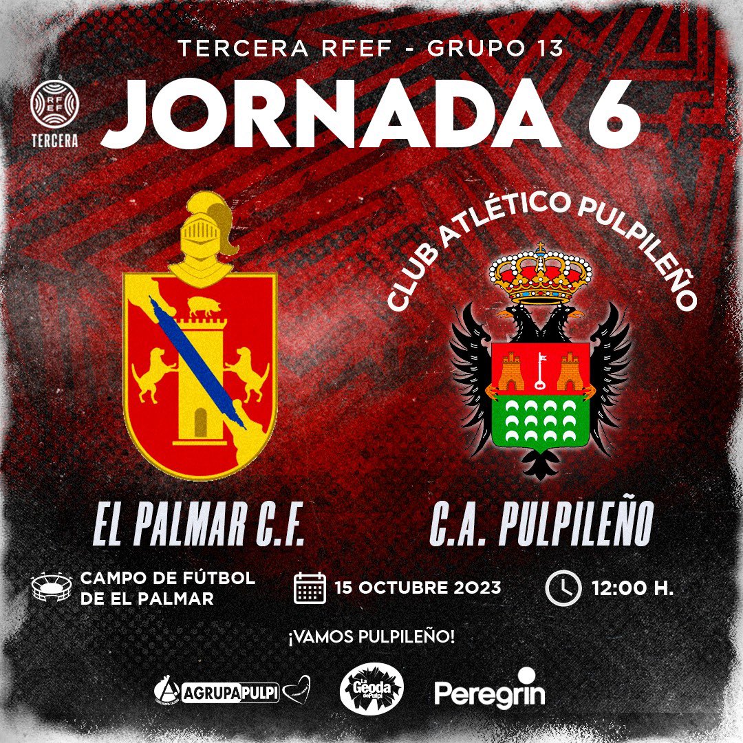 pulpileatletico's tweet photo. 📍 𝐉𝐎𝐑𝐍𝐀𝐃𝐀 𝟔

🆚 @EGelpalmar 
📆 Domingo, 15 de octubre
⏰ 12:00
🏟 Campo de fútbol de El Palmar
🏆 Tercera RFEF - G13

#VamosPulpileño 🔴⚫ https://t.co/Zj8DYzlcbw