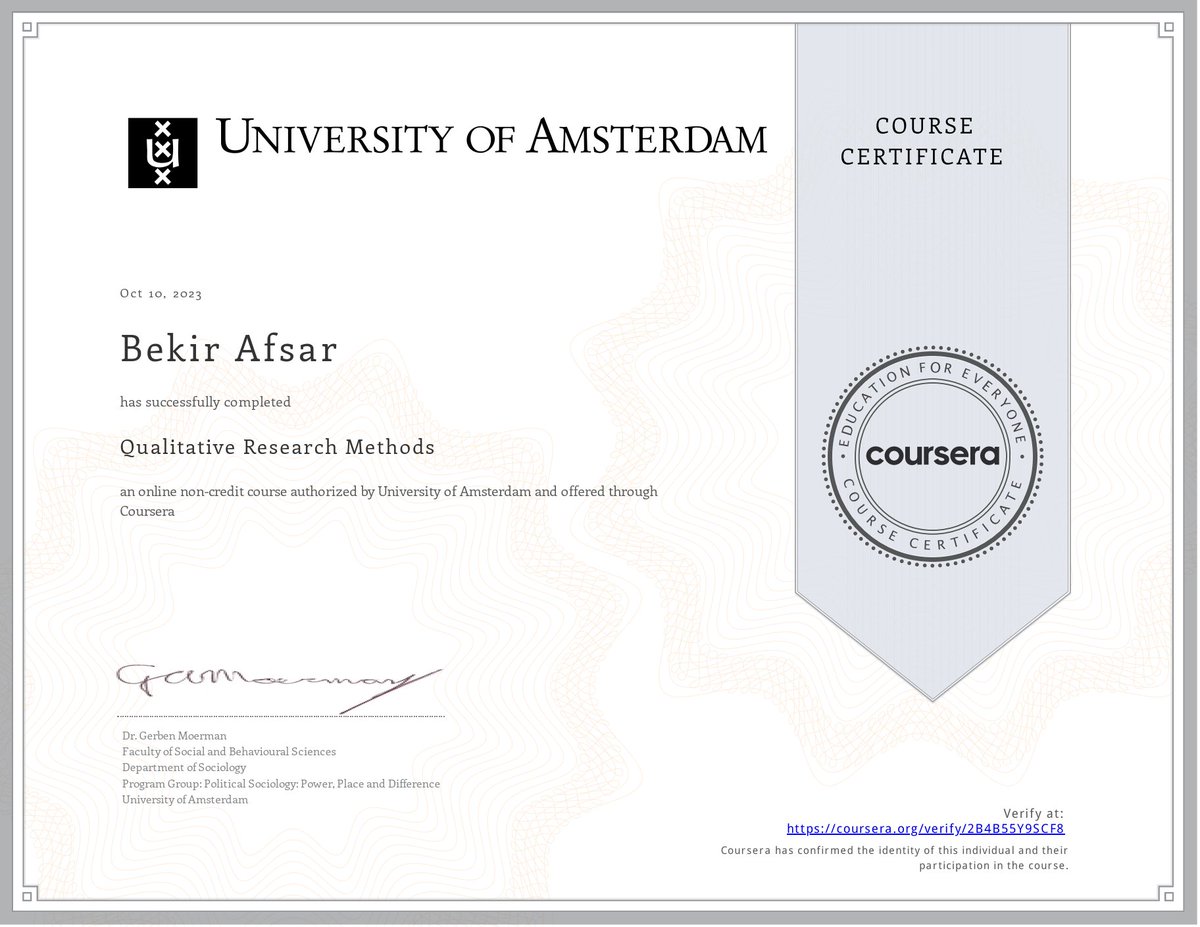 Thrilled to share that I've completed the "Qualitative Research Methods" on Coursera! As part of the <a href="/BiodiversityDT/">BioDT</a> project, I'm conducting interviews with real stakeholders in #forest management. My goal? Acquire survival skills in #qualitative analysis for my ongoing project.